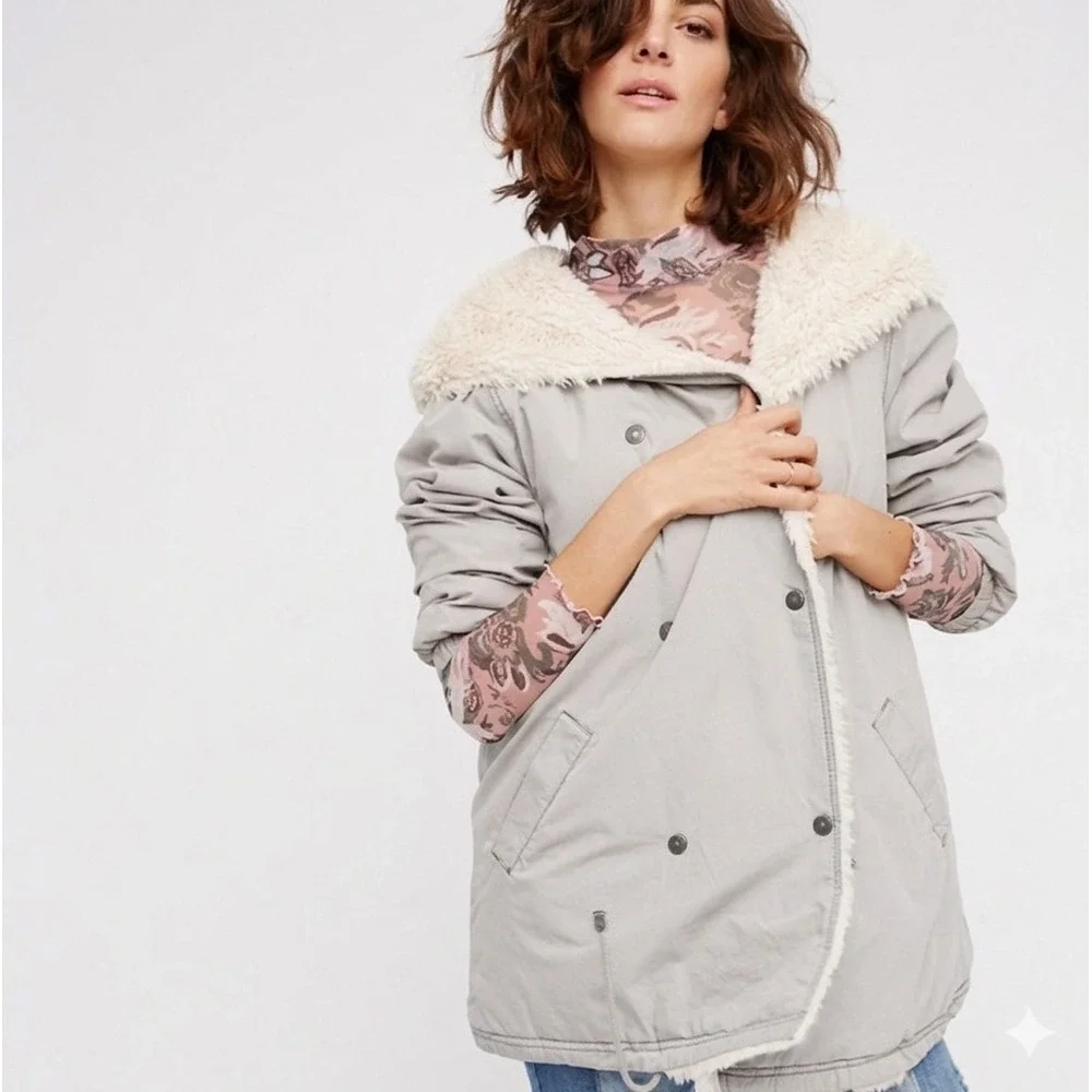 Free People Grey Faux Fur Trim Hooded‎ Parka Jacket Small Oversized Boho Utility